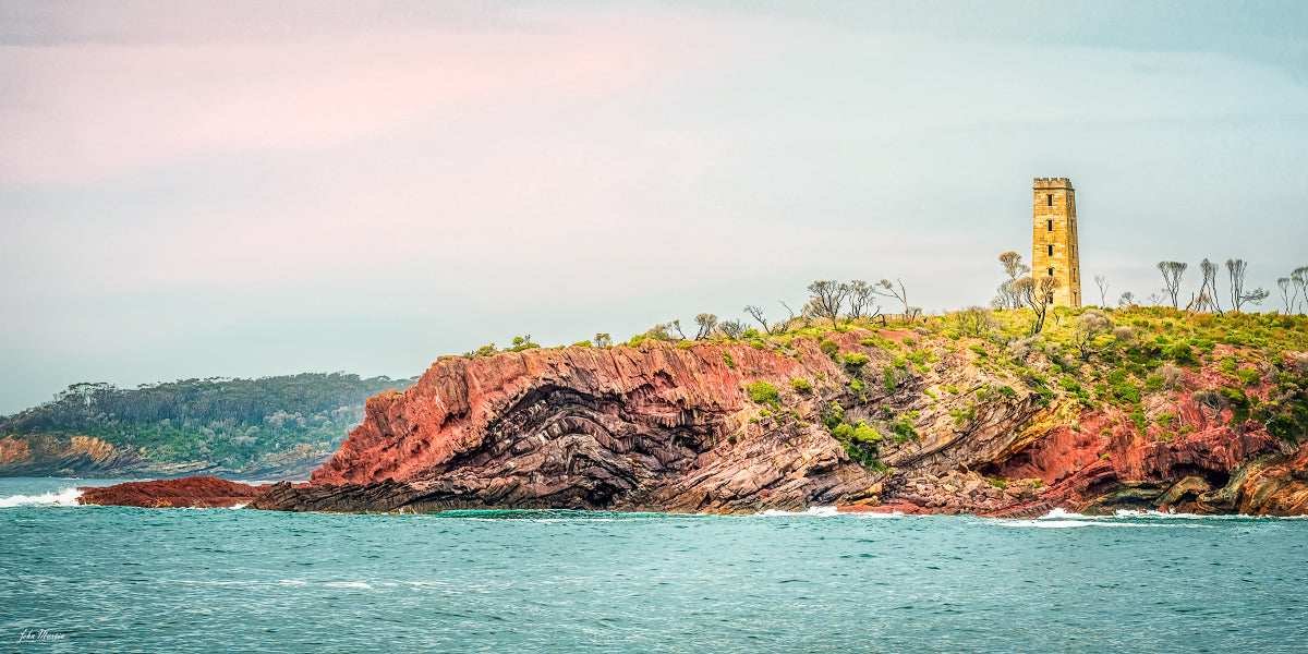 Ben Boyd Tower Eden wide panoramic photograph, red cliffs and Tasman Sea