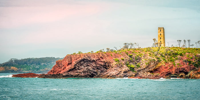 Ben Boyd Tower Eden wide panoramic photograph, red cliffs and Tasman Sea