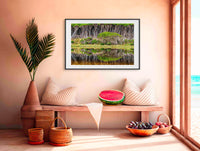 Bournda Reflections wall art — melaleuca trees reflected in still lagoon, Bournda National Park