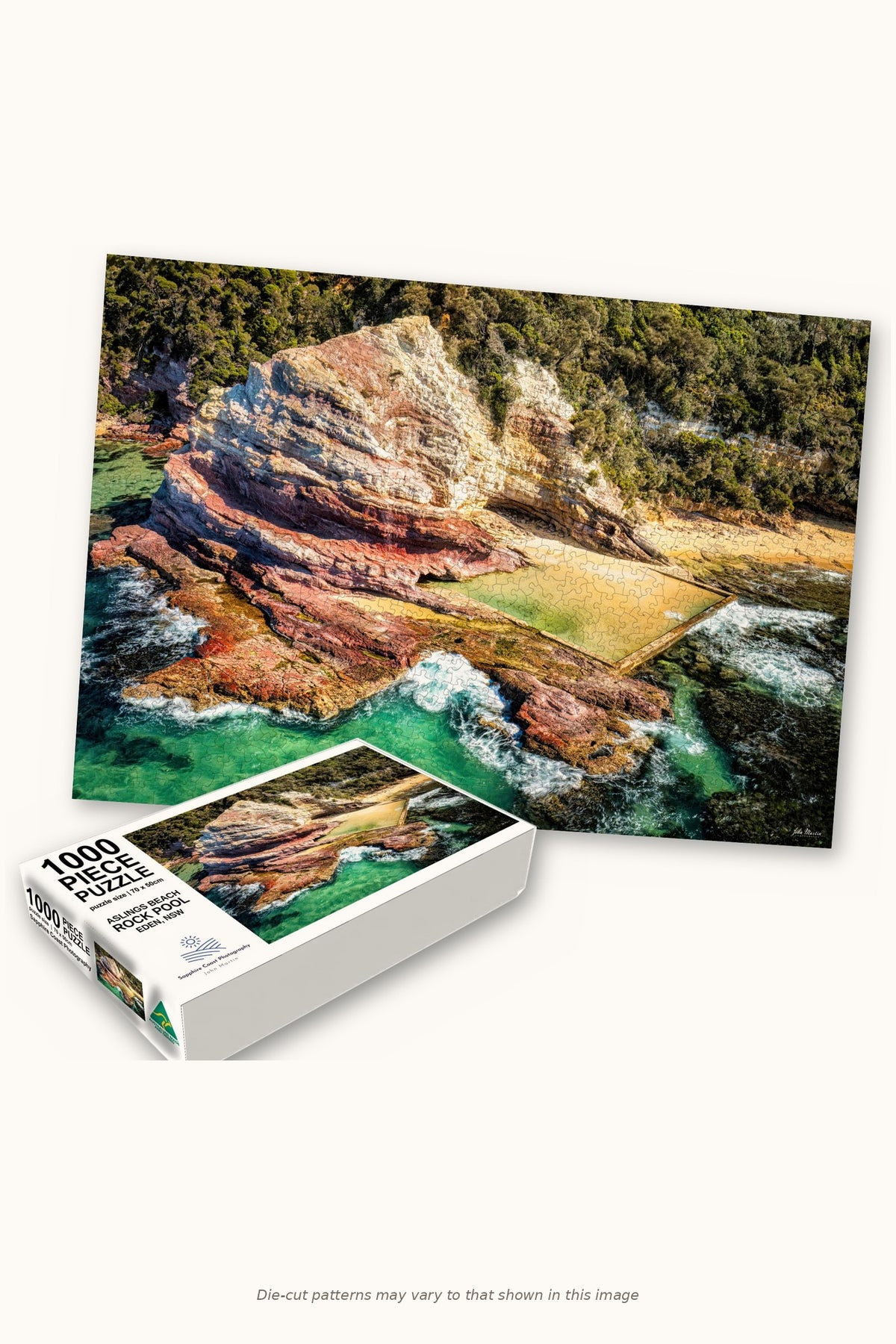 Aslings Beach Rock Pool 1000-piece jigsaw puzzle — the finished puzzle with its box, Eden NSW