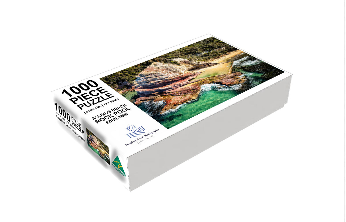 Aslings Beach Rock Pool jigsaw puzzle, 1000 piece — layered red rock and turquoise water at Eden's ocean pool, Sapphire Coast Photography