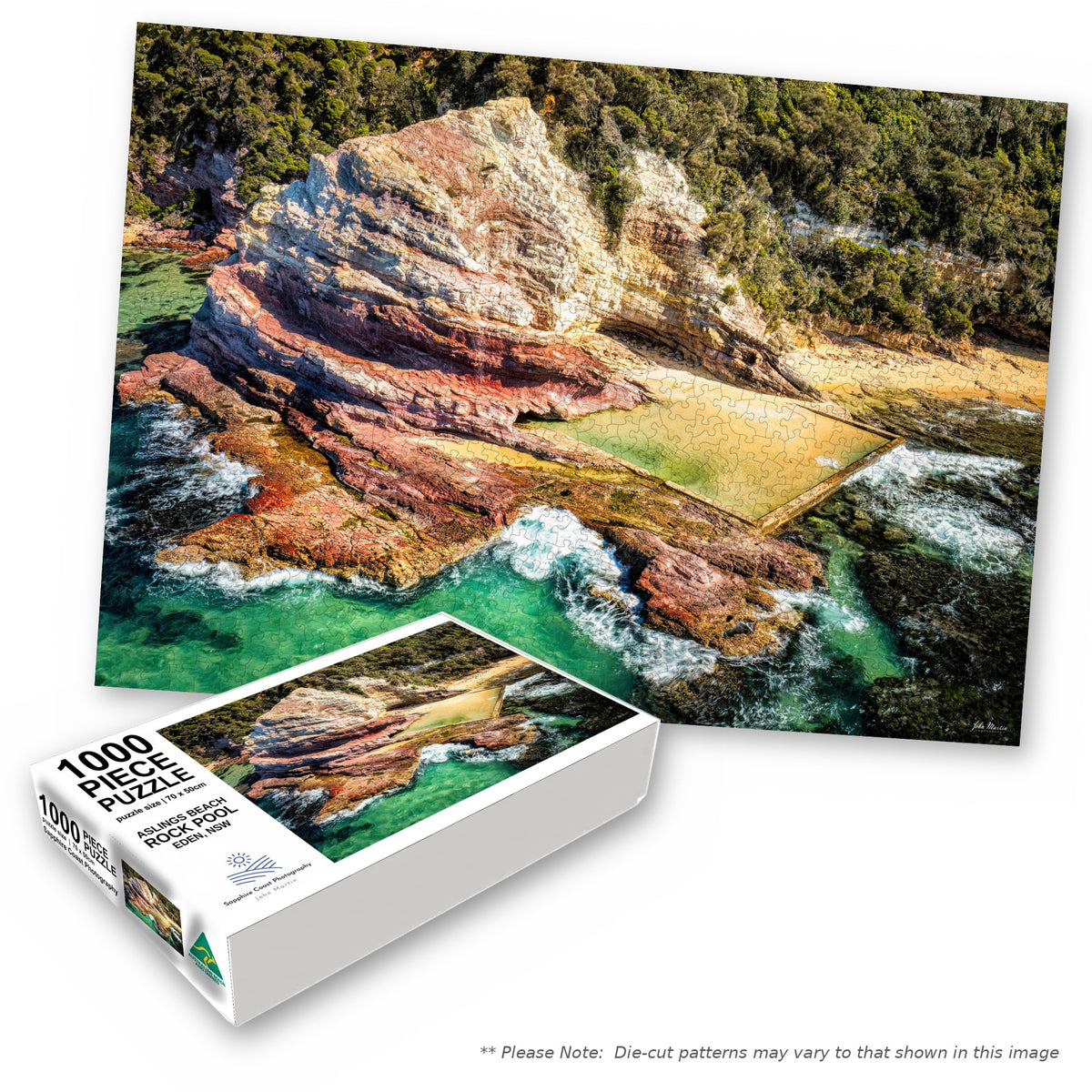 Aslings Beach Rock Pool 1000-piece jigsaw box with the completed puzzle, Eden NSW