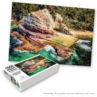 Aslings Beach Rock Pool 1000-piece jigsaw box with the completed puzzle, Eden NSW