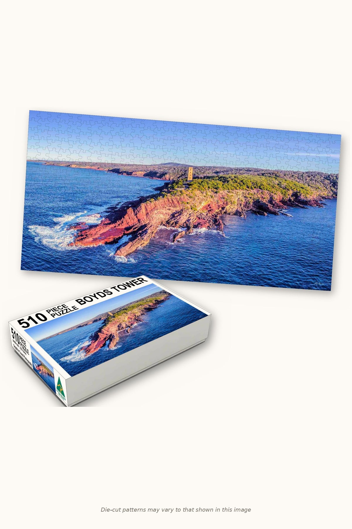 Ben Boyd Tower 510-piece jigsaw puzzle — the finished puzzle with its box, Eden NSW