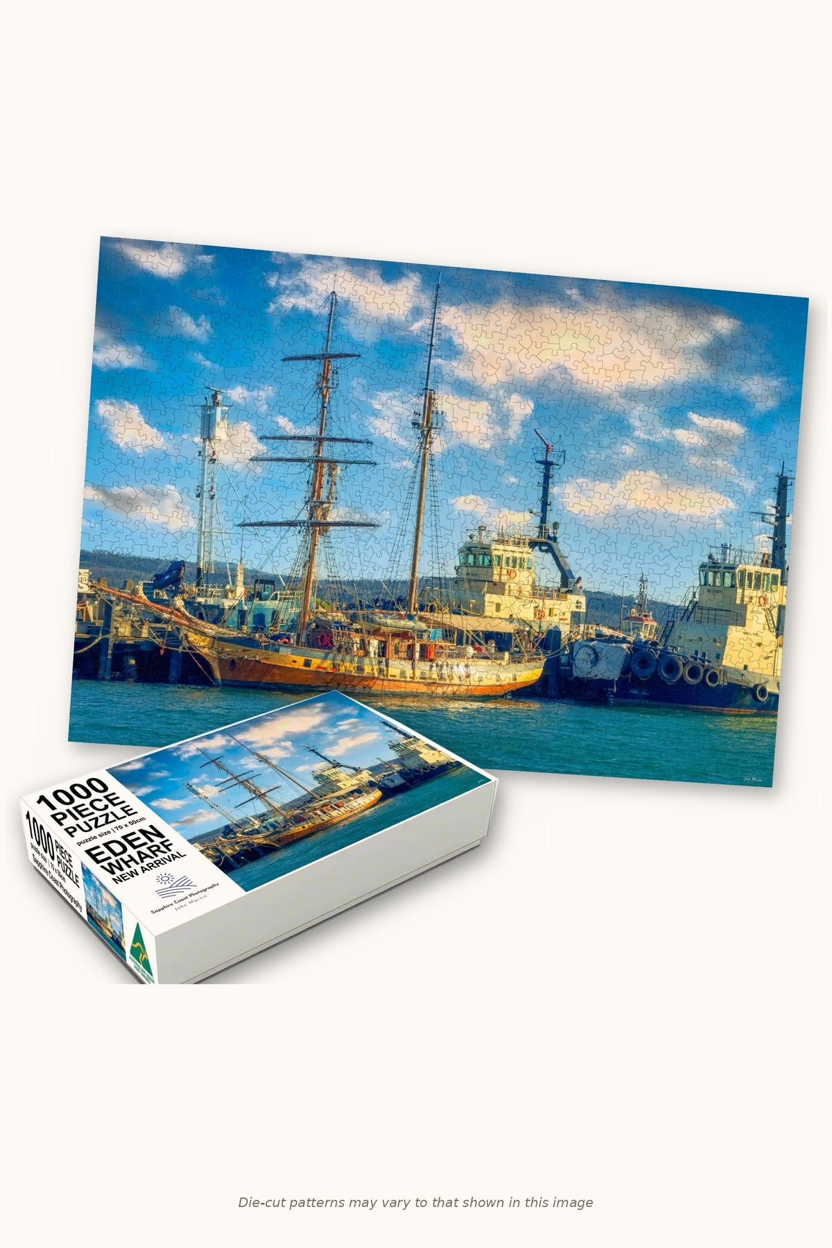 Eden Wharf 1000-piece jigsaw puzzle — the finished puzzle with its box, Eden NSW