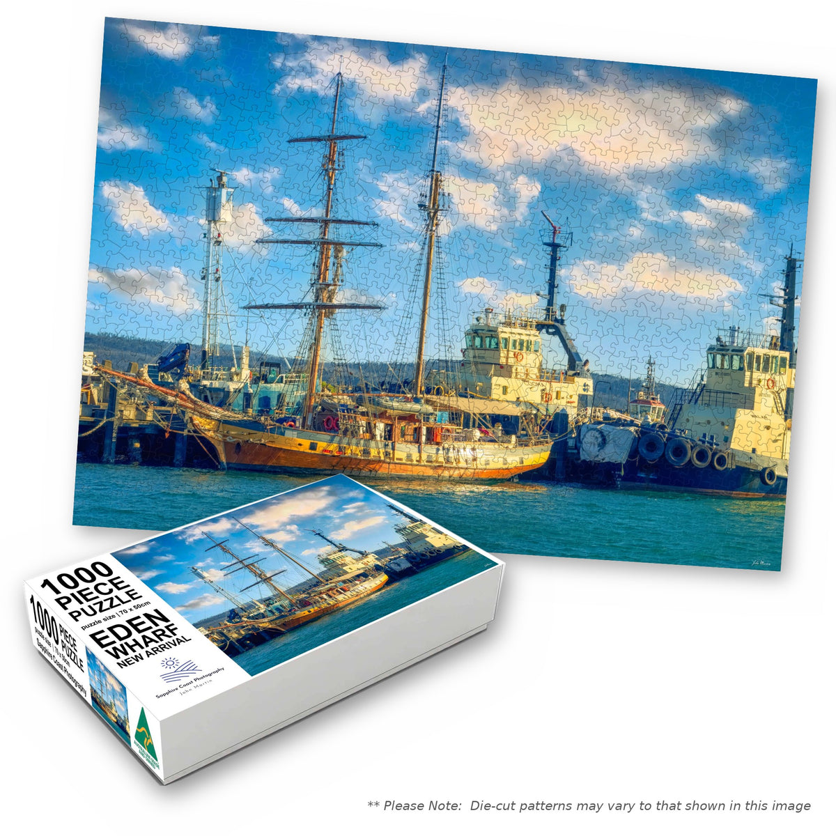 Eden Wharf 1000-piece jigsaw box with the completed puzzle, Eden NSW