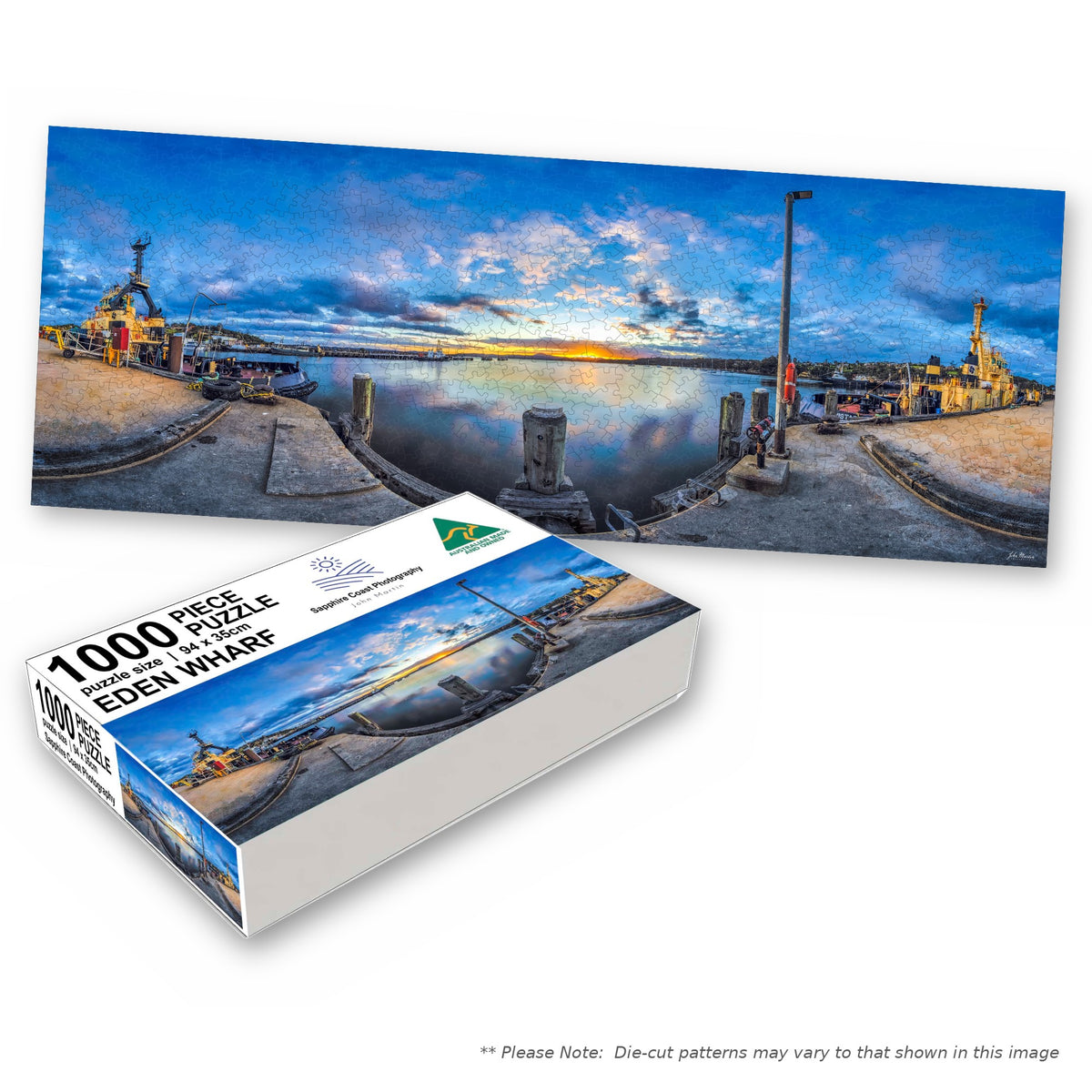 Eden Wharf 1000-piece jigsaw box with the completed puzzle, Eden NSW
