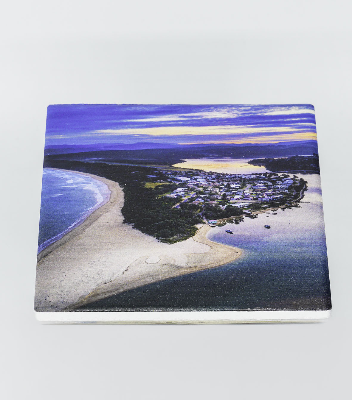 Single square ceramic coaster — Fishpen Peninsula at dusk, Merimbula Lake NSW Sapphire Coast