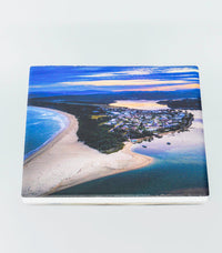 Single square ceramic coaster — Fishpen Peninsula at dusk, Merimbula Lake NSW Sapphire Coast