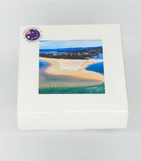 Coasters set of four — Merimbula Lake Fishpen round ceramic, NSW