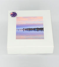 Coasters set of four — Mitchies Jetty boatshed square ceramic, Merimbula NSW