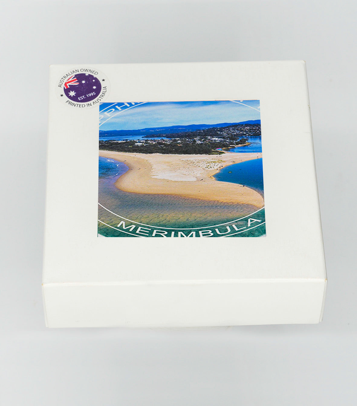 Coasters set of four — Merimbula Lake Fishpen round with text ceramic