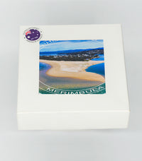 Coasters set of four — Merimbula Lake Fishpen round with text ceramic
