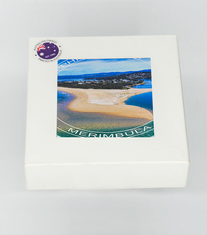 Coasters set of four — Merimbula Lake Fishpen round with text ceramic