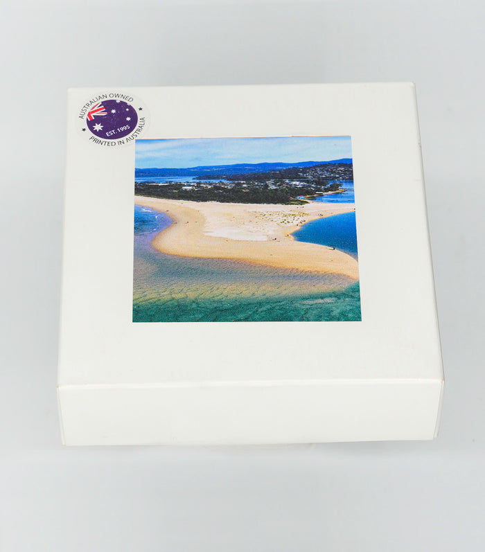 Coasters set of four — Merimbula Lake and Fishpen square ceramic