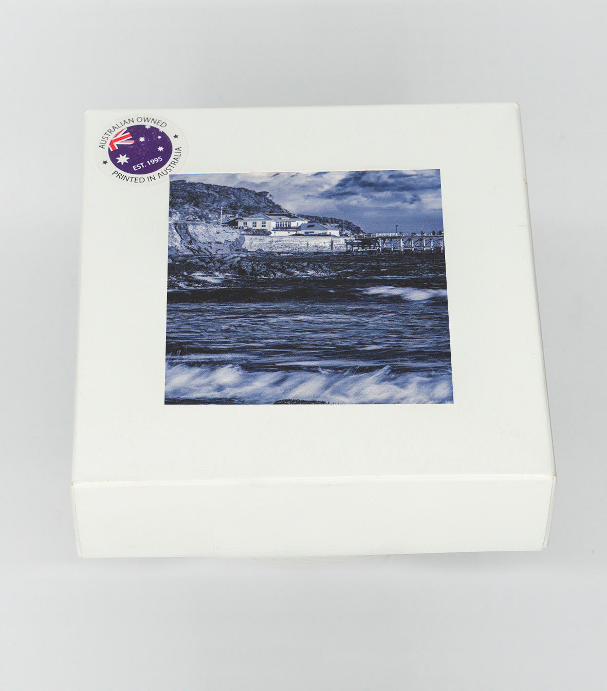 Coasters set of four — Merimbula Wharf square ceramic, NSW Sapphire Coast