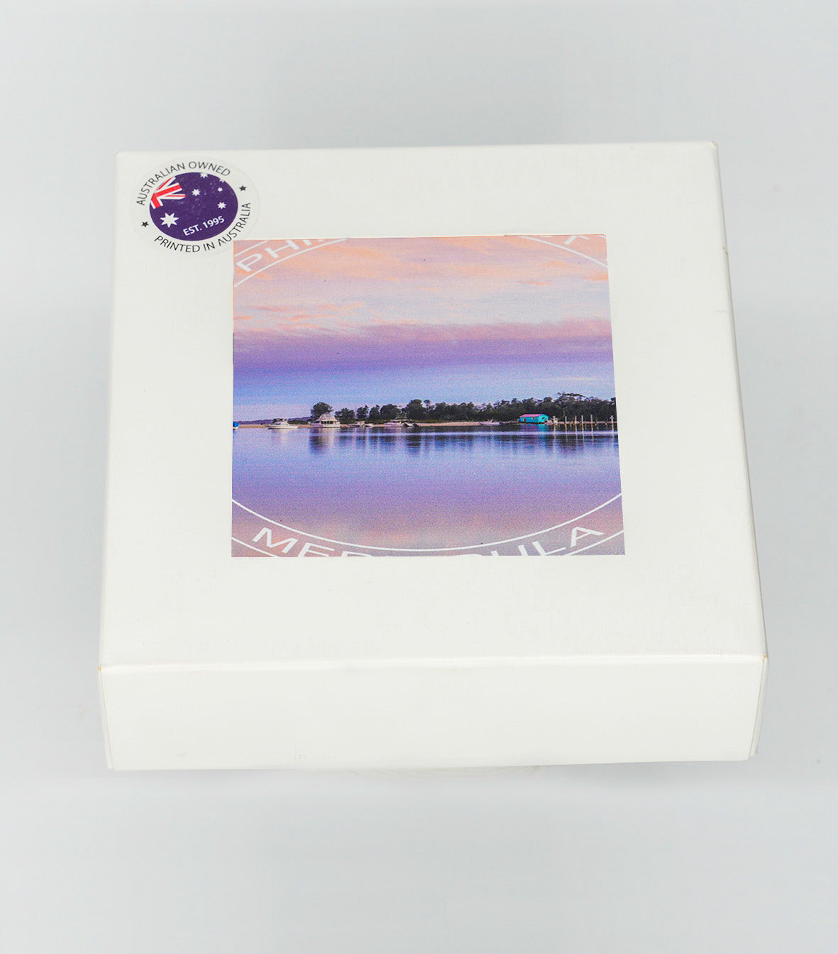 Coasters set of four — Mitchies Jetty boatshed round ceramic, Merimbula NSW