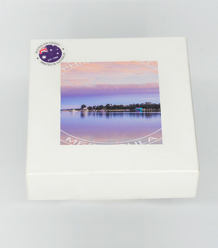 Coasters set of four — Mitchies Jetty boatshed round ceramic, Merimbula NSW