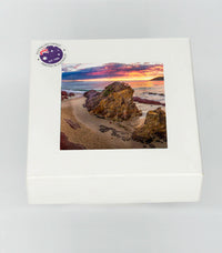 Coasters set of four — Pambula Beach Sunrise square ceramic, NSW