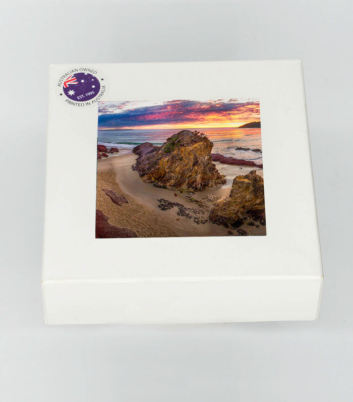 Coasters set of four — Pambula Beach Sunrise square ceramic, NSW