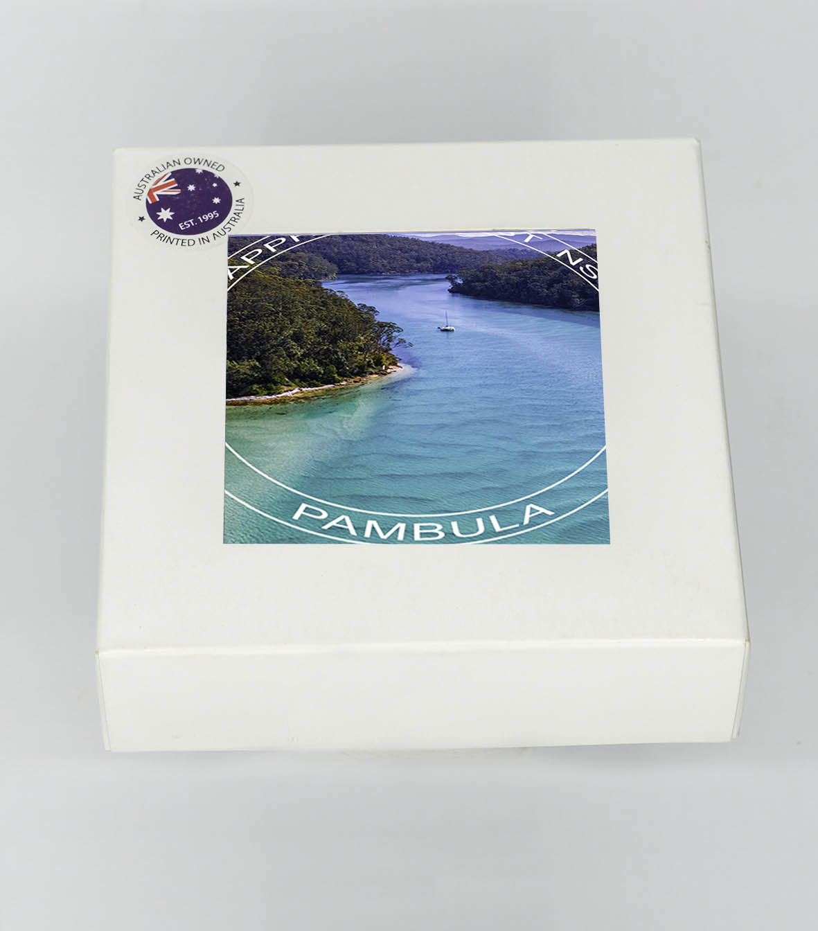 Coasters set of four — Pambula River round with text ceramic, NSW