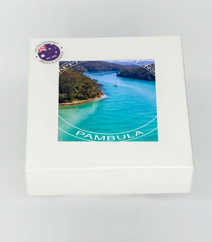 Coasters set of four — Pambula River round with text ceramic, NSW