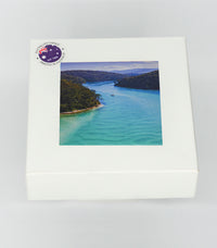 Coasters set of four — Pambula River square ceramic, NSW Sapphire Coast