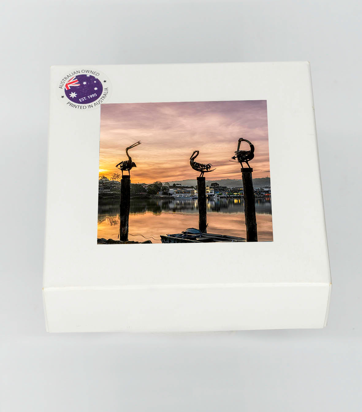 Coasters set of four — Pelicans Merimbula square ceramic, NSW Sapphire Coast