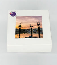 Coasters set of four — Pelicans Merimbula square ceramic, NSW Sapphire Coast