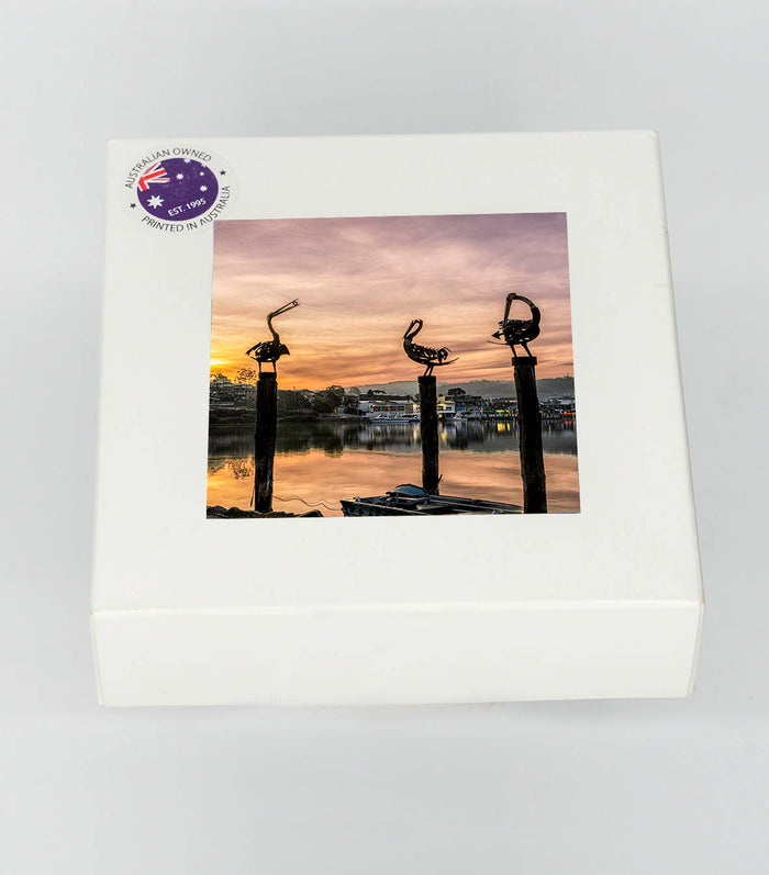 Coasters set of four — Pelicans Merimbula square ceramic, NSW Sapphire Coast