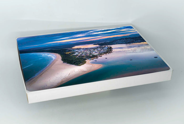 Cork-backed placemats set of six — Fishpen Peninsula aerial at dusk, Merimbula Lake NSW Sapphire Coast
