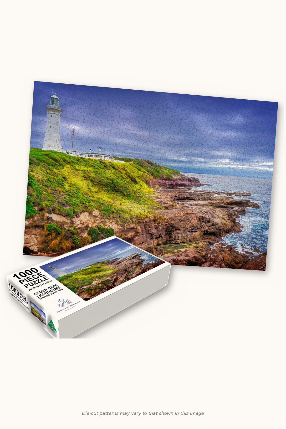 Green Cape Lighthouse 1000-piece jigsaw puzzle — the finished puzzle with its box, Sapphire Coast NSW