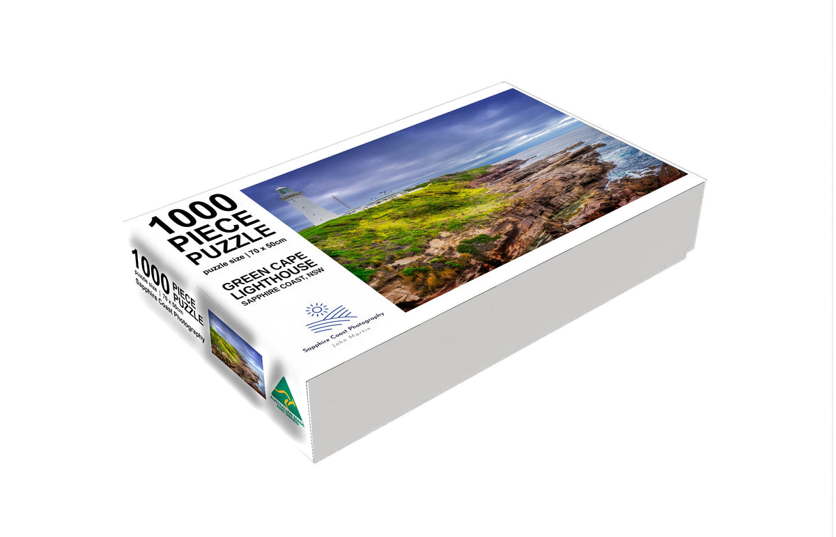 Green Cape Lighthouse jigsaw puzzle, 1000 piece — lighthouse above red rock ledges and the sea, Sapphire Coast Photography