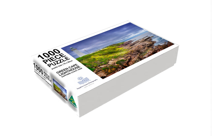 Green Cape Lighthouse jigsaw puzzle, 1000 piece — lighthouse above red rock ledges and the sea, Sapphire Coast Photography