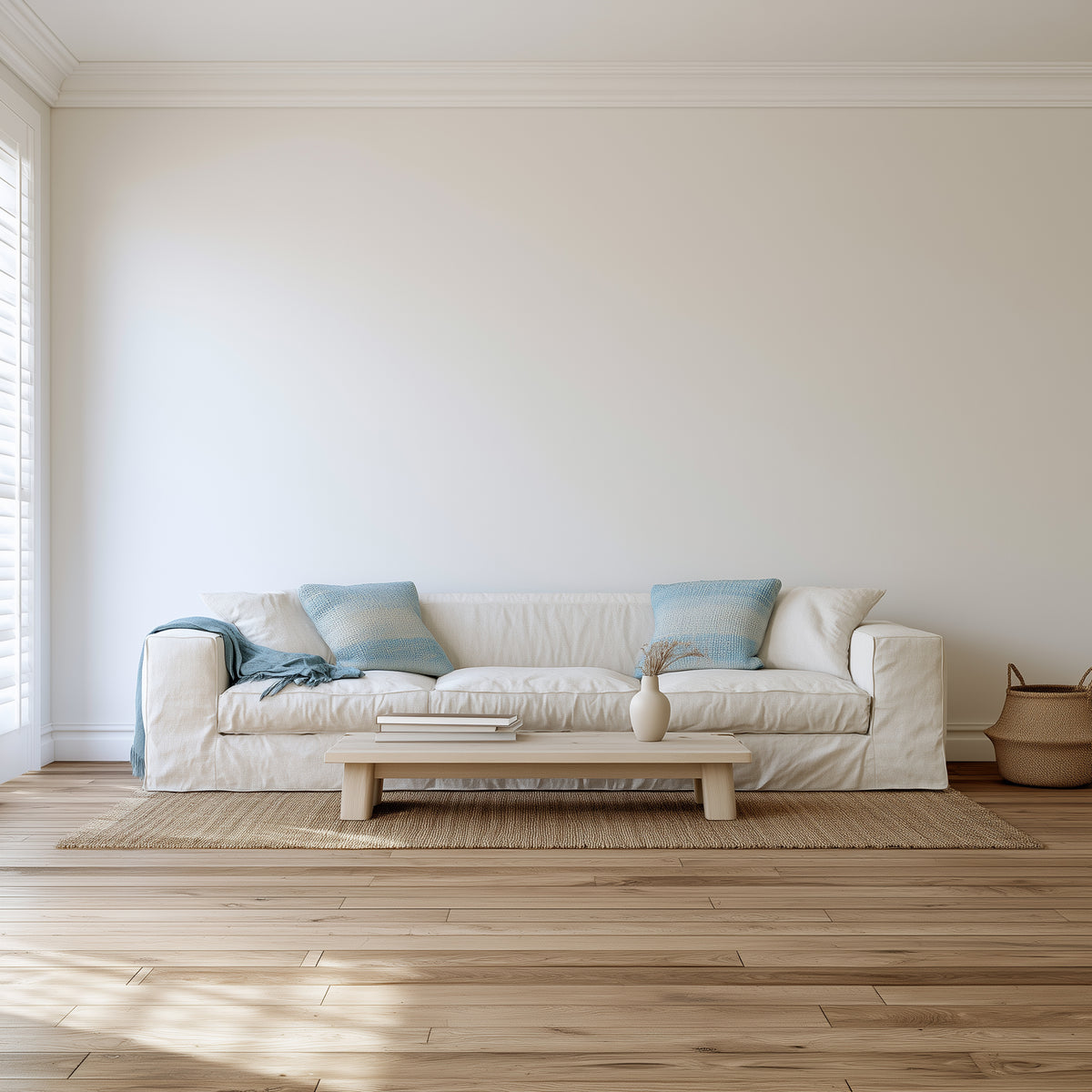 Blank coastal lounge room wall, Hamptons-style interior, ready for wall art