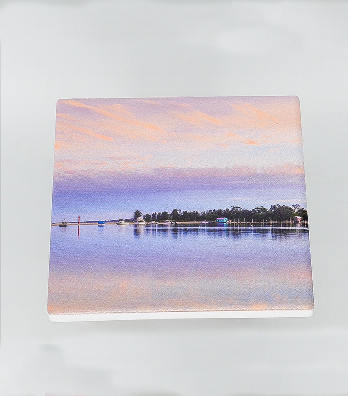 Mitchies Jetty boatshed square ceramic coaster, Merimbula NSW