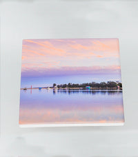 Mitchies Jetty boatshed square ceramic coaster, Merimbula NSW
