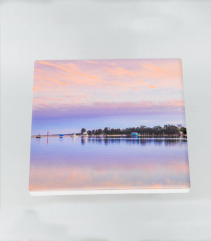 Mitchies Jetty boatshed square ceramic coaster, Merimbula NSW