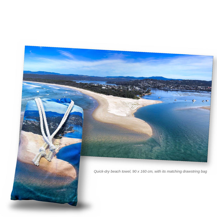 Merimbula Lake quick dry beach towel with its matching drawstring bag, NSW
