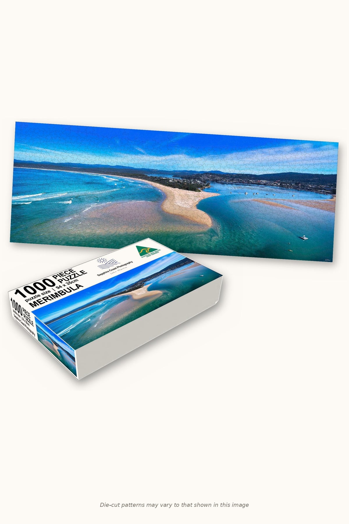 Merimbula Lake 1000-piece jigsaw puzzle — the finished puzzle with its box, Merimbula NSW