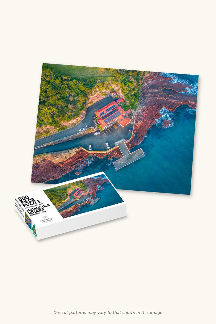 Merimbula Wharf 500-piece jigsaw puzzle — the finished puzzle with its box, Merimbula NSW