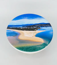 Single round ceramic coaster — Merimbula Lake and Fishpen aerial, NSW Sapphire Coast