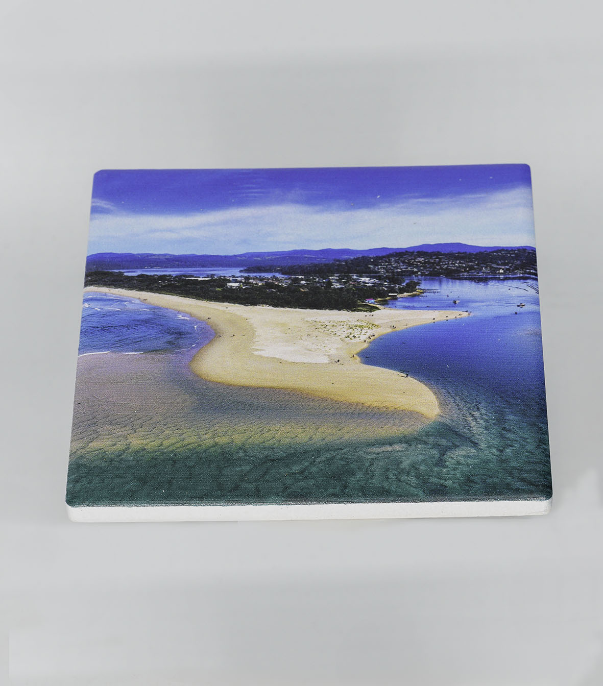 Single square ceramic coaster — Merimbula Lake and Fishpen aerial, NSW Sapphire Coast
