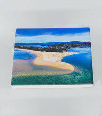 Single square ceramic coaster — Merimbula Lake and Fishpen aerial, NSW Sapphire Coast