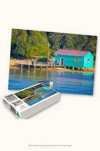 Mitchies Jetty 1000-piece jigsaw puzzle — the finished puzzle with its box, Merimbula NSW