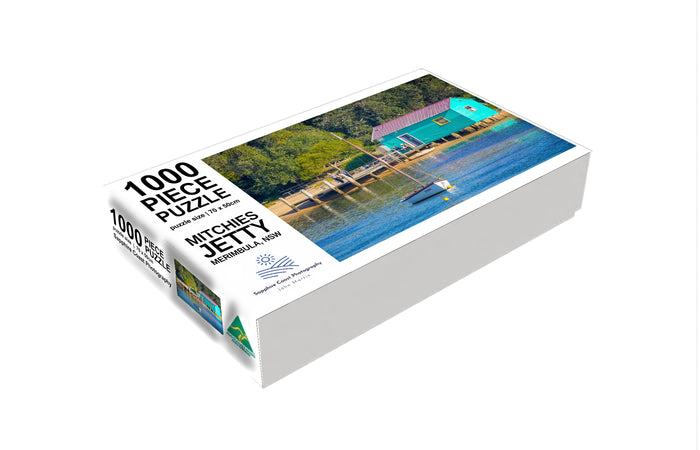 Mitchies Jetty jigsaw puzzle, 1000 piece — turquoise boatshed at Merimbula Lake, Sapphire Coast Photography