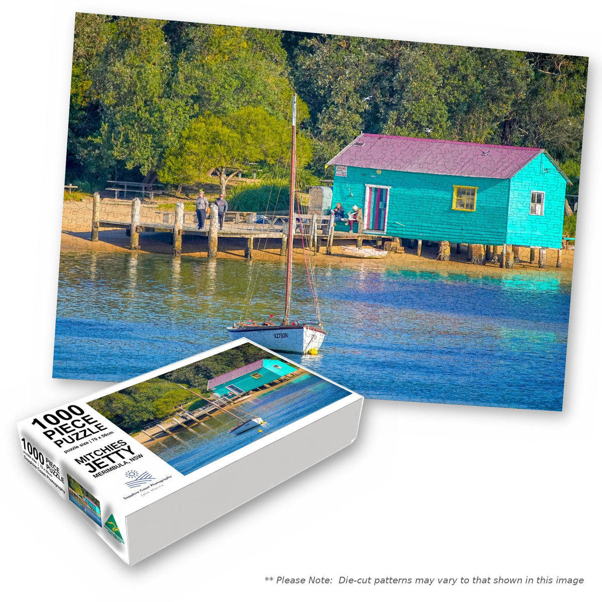 Mitchies Jetty 1000-piece jigsaw box with the completed puzzle, Merimbula NSW