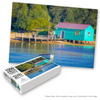Mitchies Jetty 1000-piece jigsaw box with the completed puzzle, Merimbula NSW