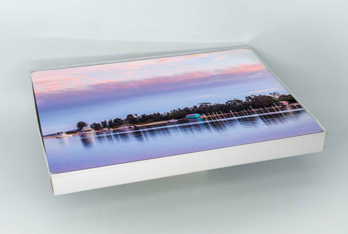 Cork-backed placemats set of six — Mitchies Jetty boatshed at dusk, Merimbula Lake NSW Sapphire Coast