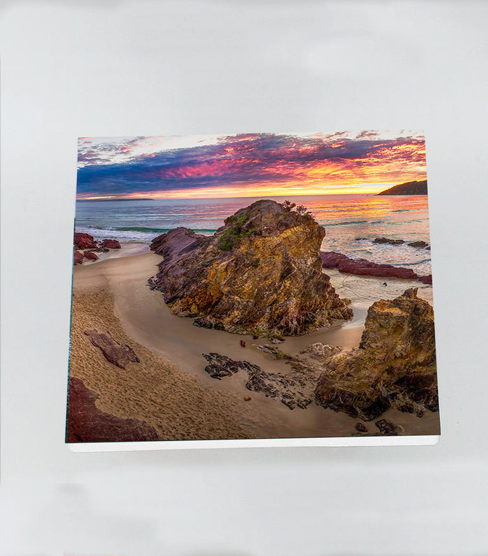 Single square ceramic coaster — Pambula Beach Sunrise, NSW